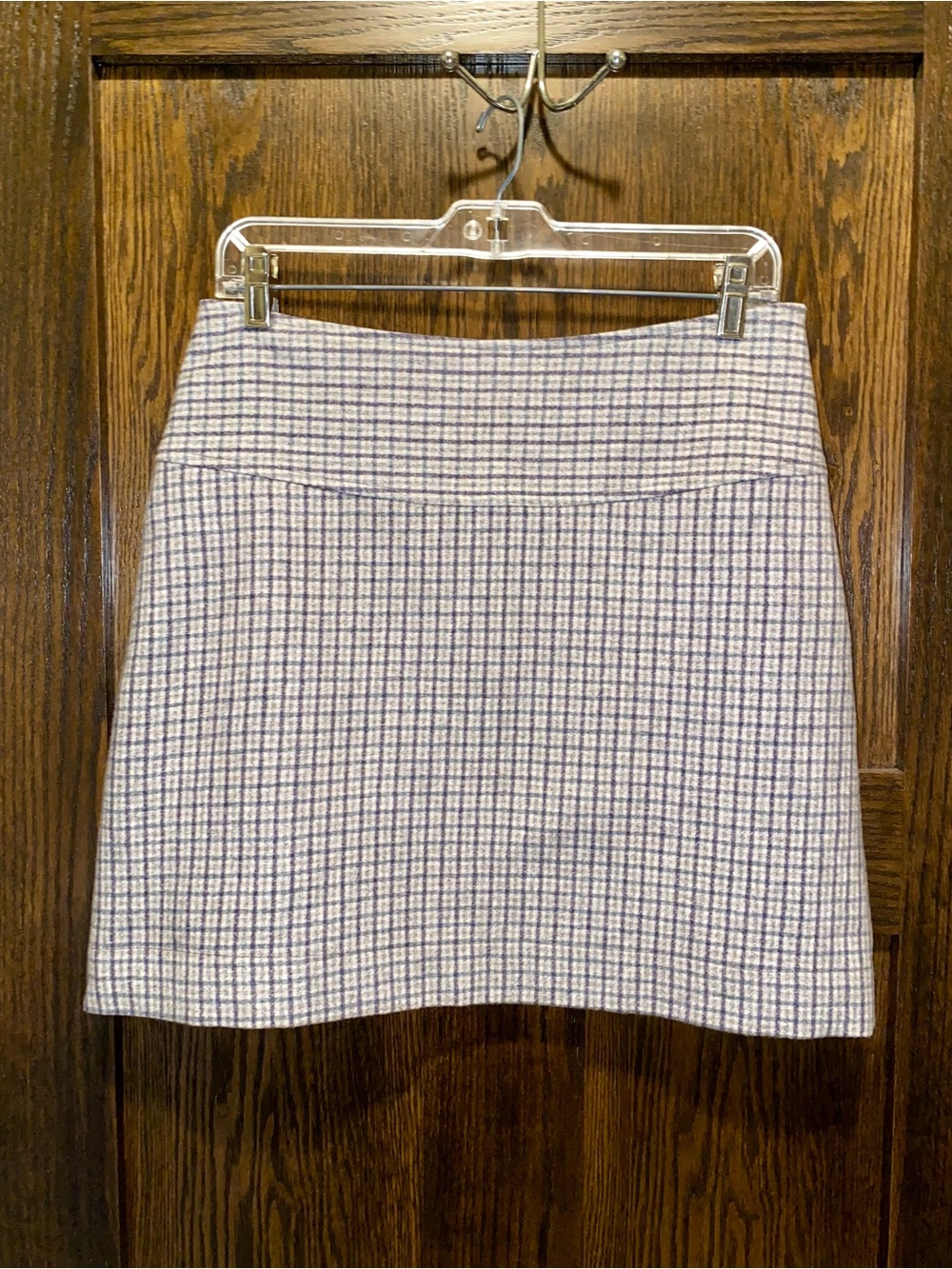 Lo Sfizio Milan 100% Wool Classic Plaid Mini Skirt in Gray, Blue, tan, and green